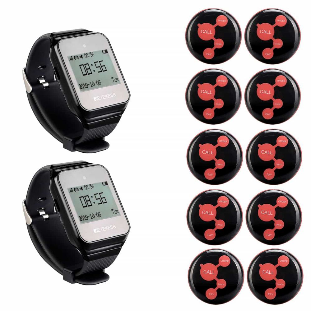 Retekess Waiter&Staff Calling System TD108 Watch Pager and TD010 Call Button Black for Bars, Restaurant Service