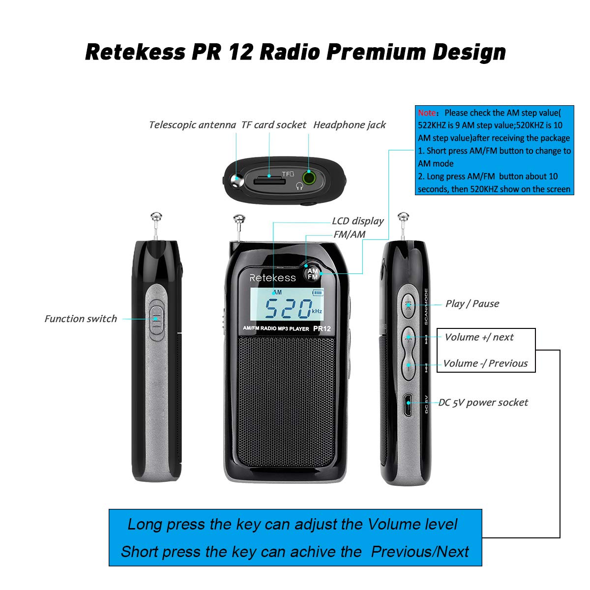 Retekess PR12 Digital Radio, Pocket Radio AM FM, Paraguay