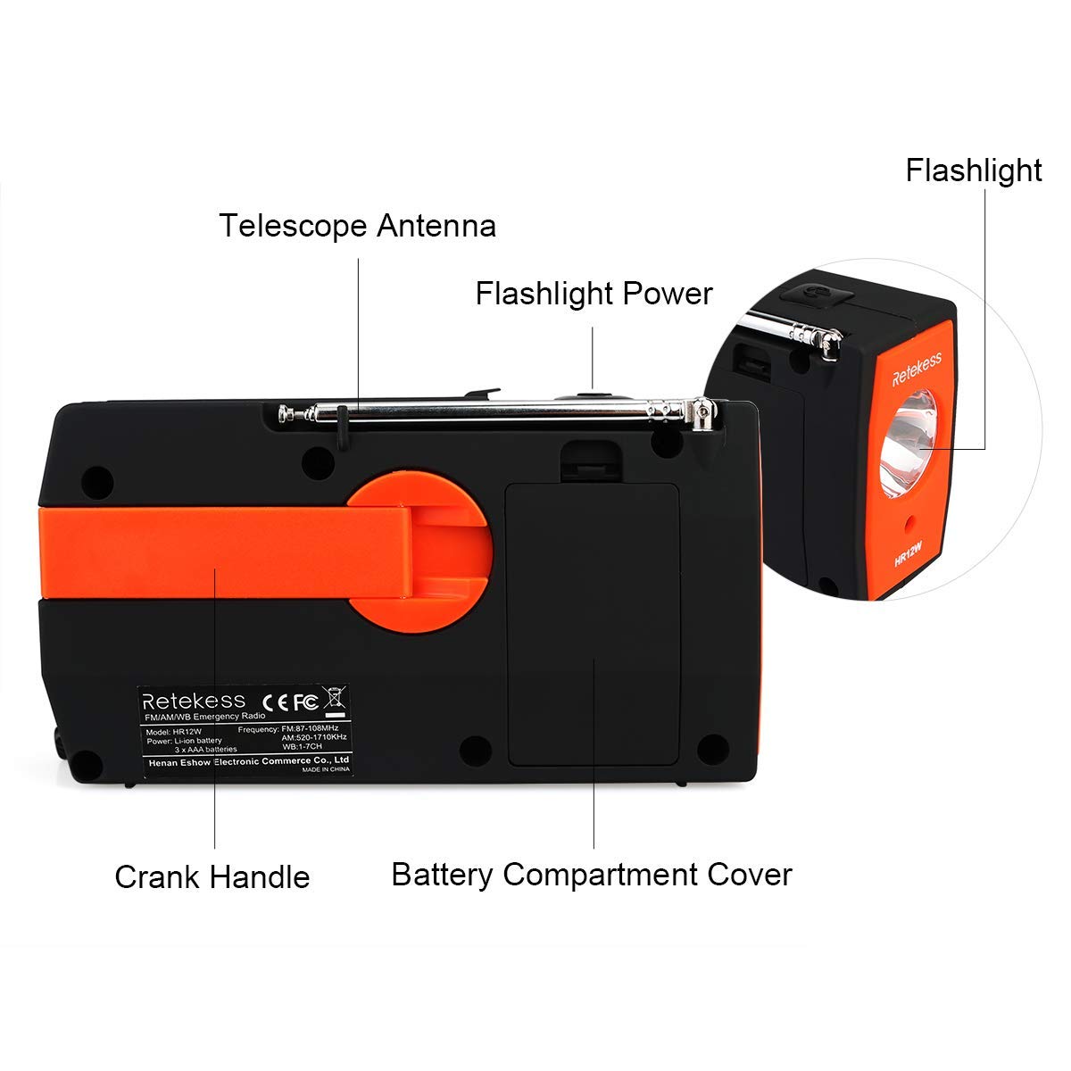 Retekess HR12W Emergency Handheld Radio with Flashlight NOAA