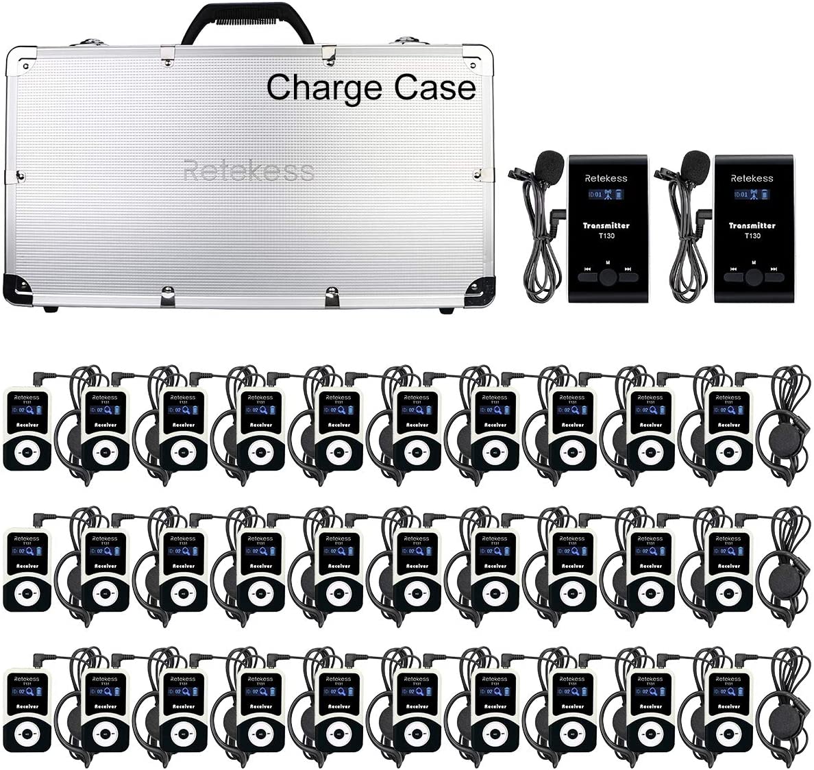 Case of 2 Transimitters 38 Receivers and 40 Slots Charging Case,Retekess TT101,Wireless Tour Guide System,256ft,One-Click Pairing,Audio Translation System for Church,Conference,School 