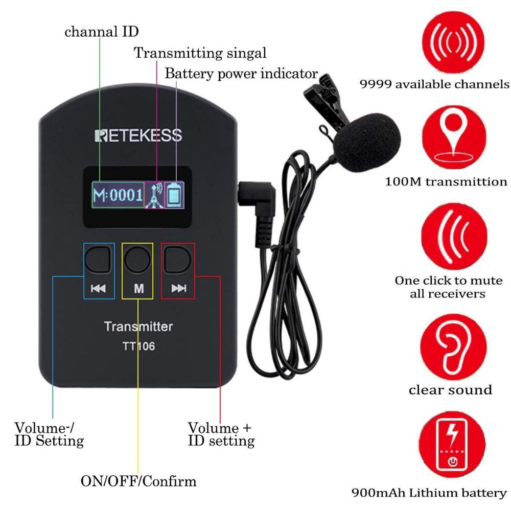 Retekess TT106 Whisper Tour Guide System Support 2 Transmitter in One Group