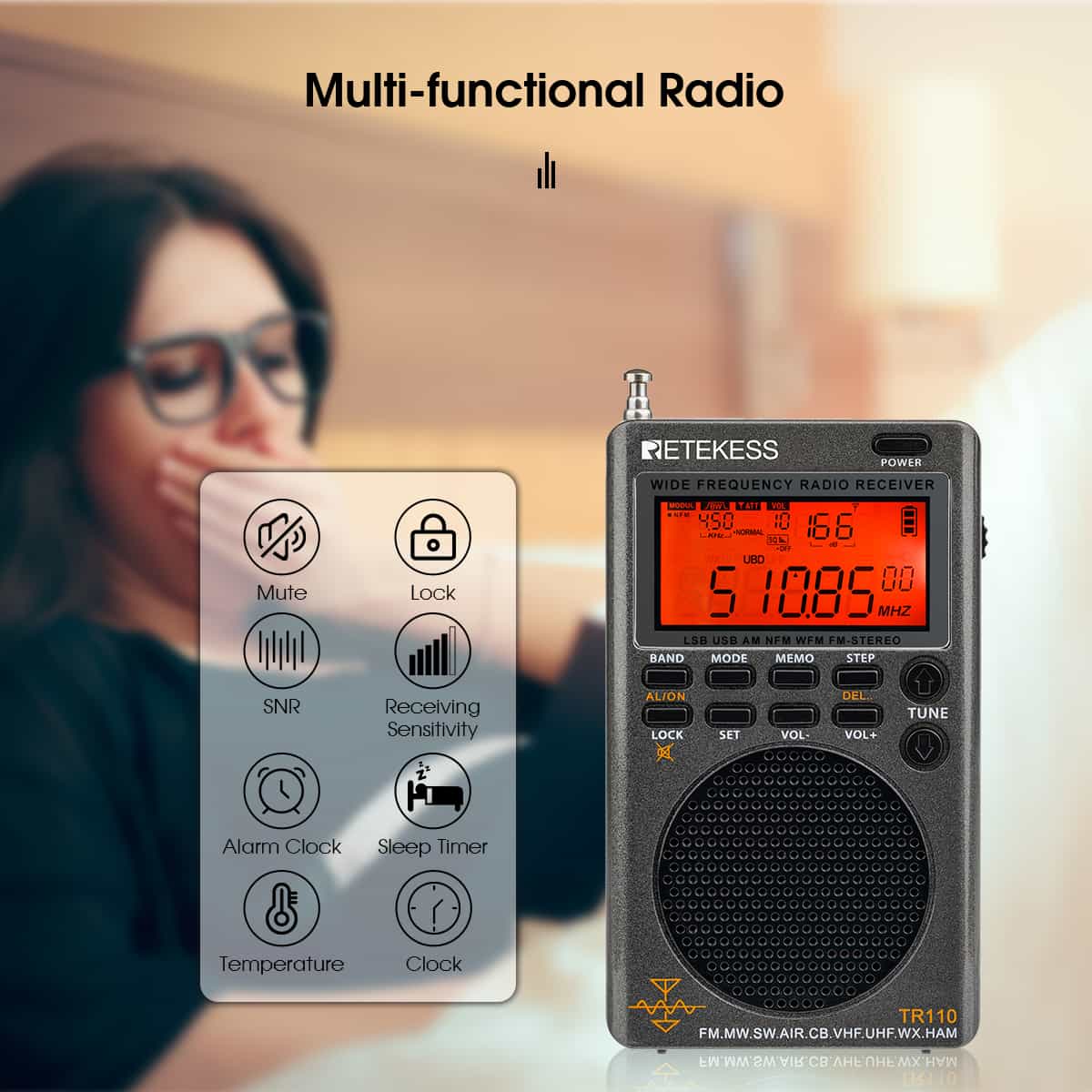 Rama A merced de paquete Retekess TR110 FM/MW/SW/LSB/AIR/CB/VHF/UHF Portable Full Band Digital Radio with Alerts NOAA Rama A merced de paquete Retekess TR110 FM/MW/SW/LSB/AIR/CB/VHF/UHF Portable Full Band Digital Radio with Alerts NOAA