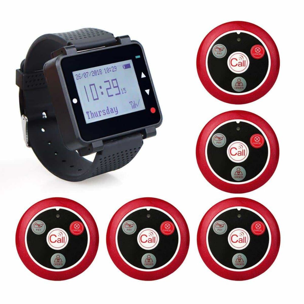 Retekess T128 Wireless Calling System Wrist Receiver with T117 5 Red Call Buttons
