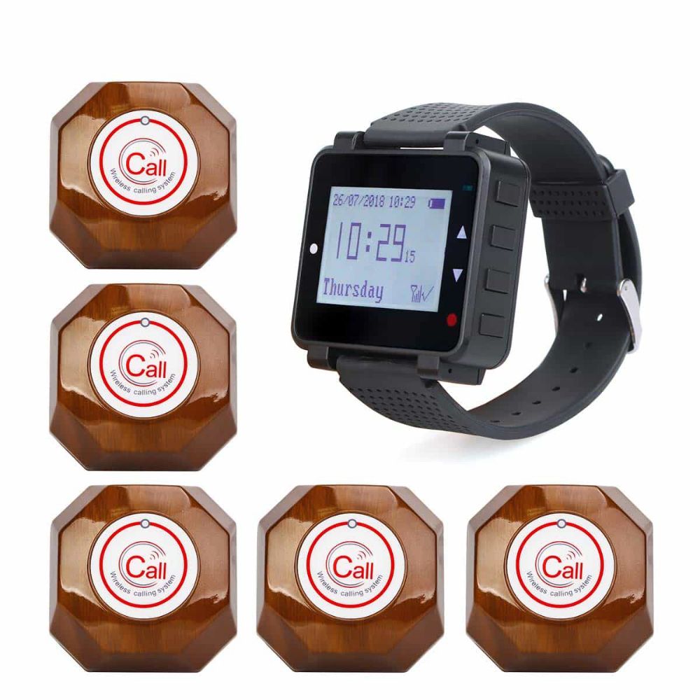 Retekess T128 Wrist Watch Receiver Waiter Calling System with 5 Brown T133 Call Button for Restaurants,Cafes,Bars