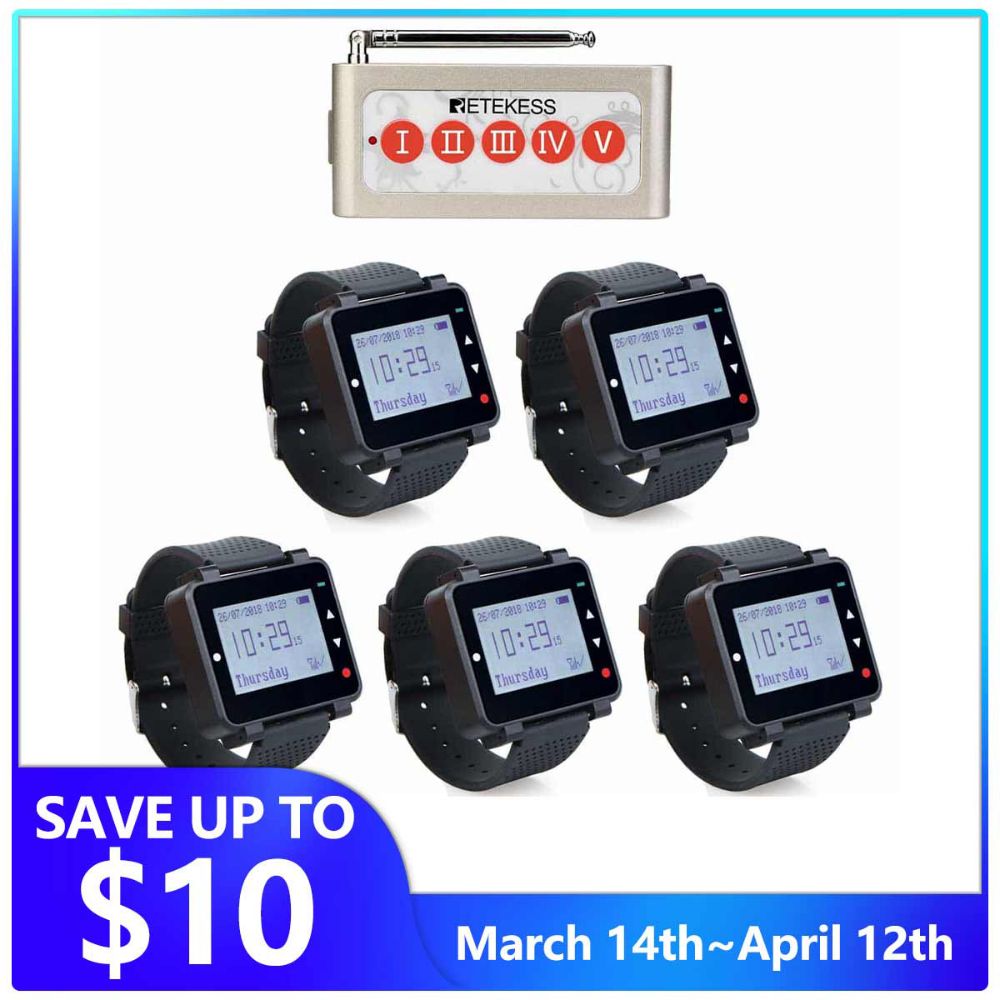 Retekess TD005 Wireless Call Button with Five T128 Wireless Calling System Wrist Receiver for Kitchen