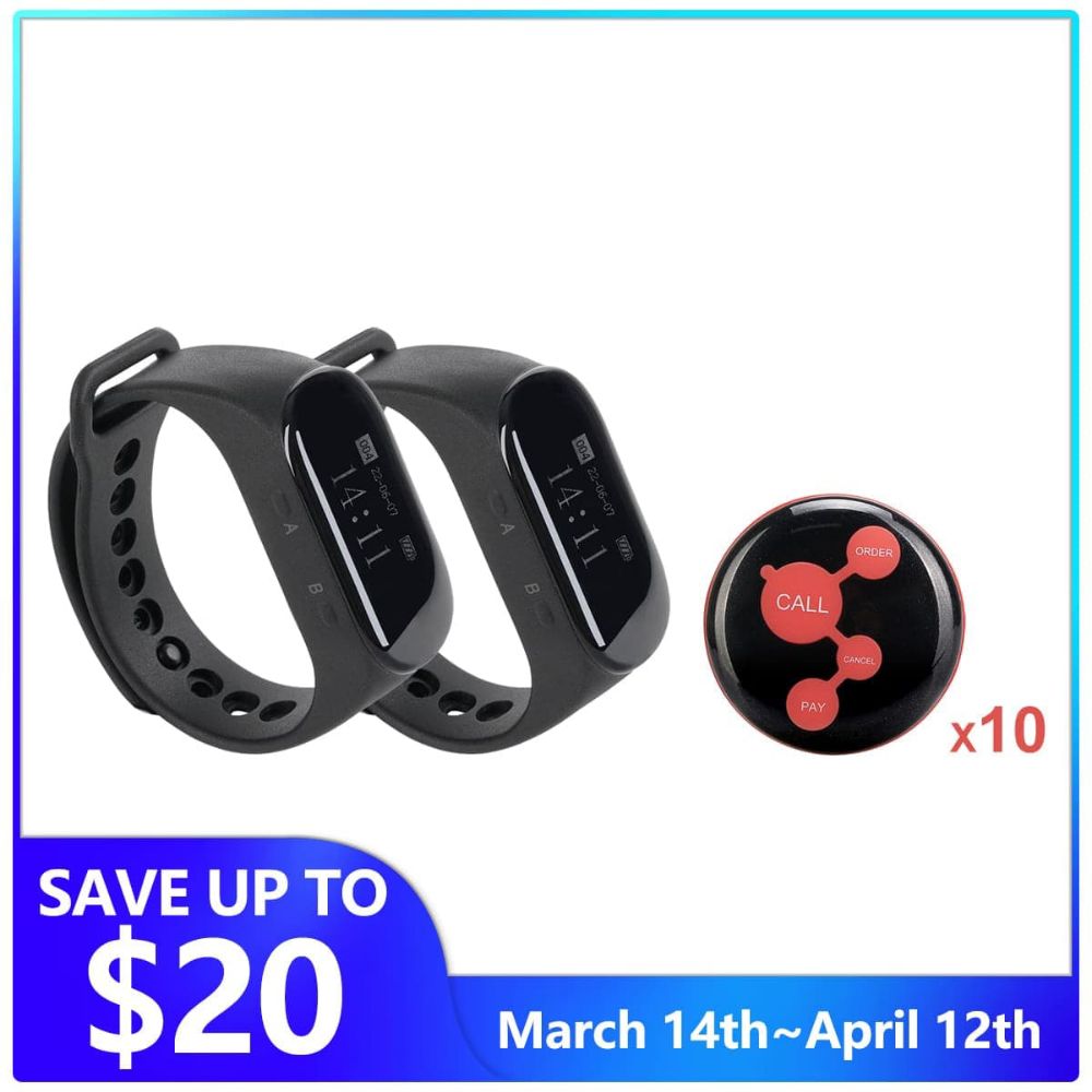 Retekess TD112 Wireless Watch Pager Receiver with TD010 4-keys Black Wireless Call Buttons 
