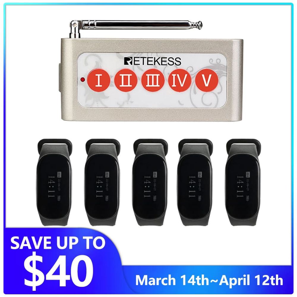 TD005 Wireless Call Button with TD112 Watch Pager Staff Paging System for Kitchen
