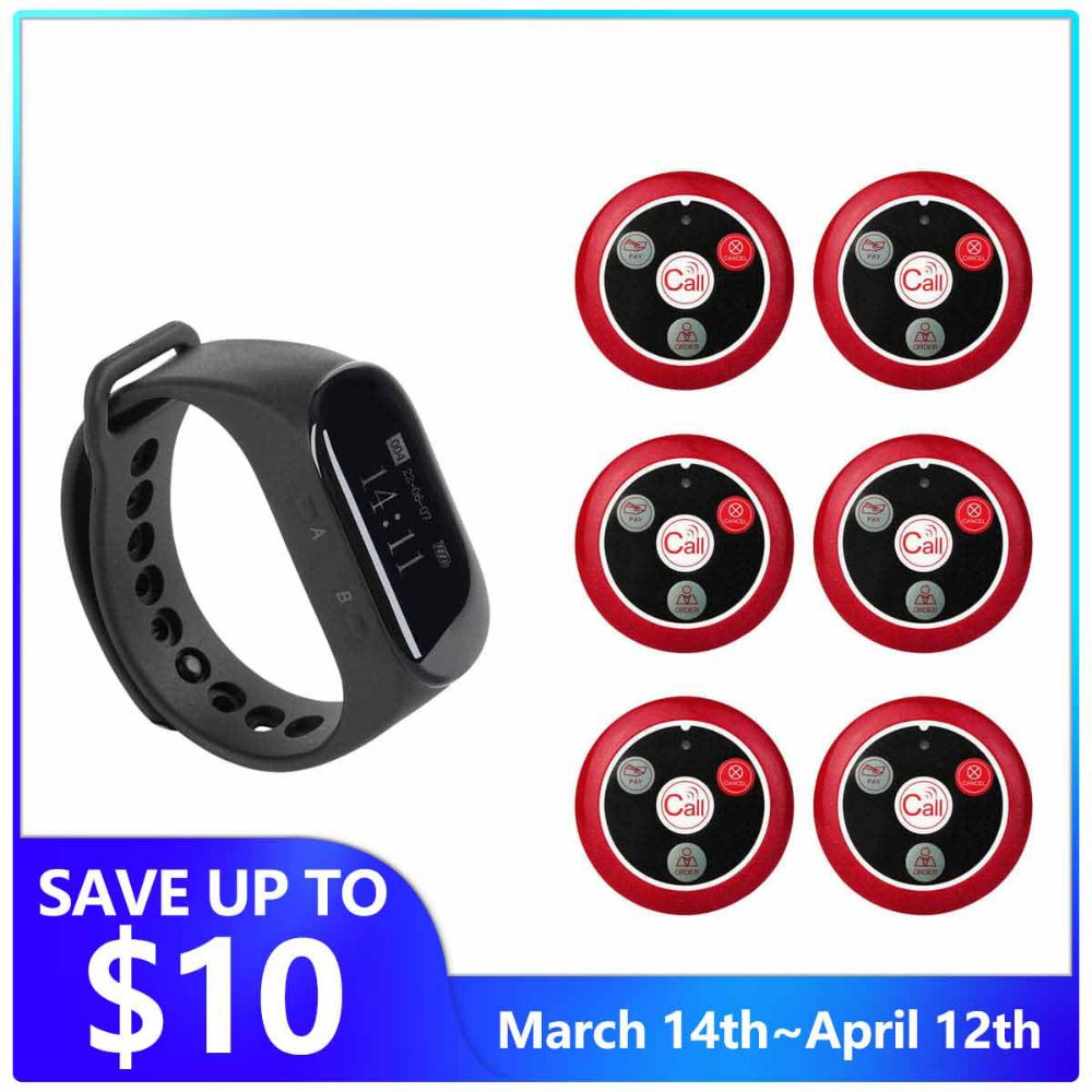 Retekess TD112 Wrist Watch Receiver with T117 4-keys Call Buttons Wireless Restaurant Waiter Call System