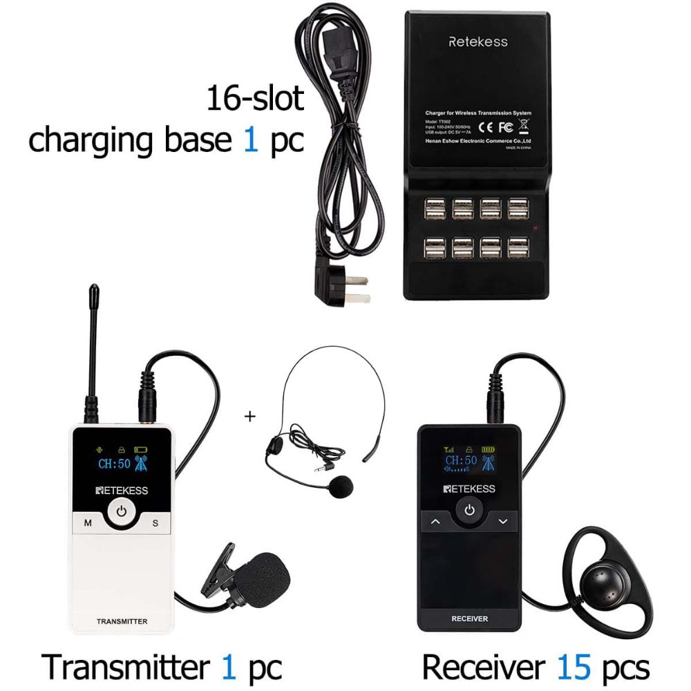 Retekess TT116 Factory Tour Guide System Replaceable Rechargeable Battery for Factory Visit with 16-port Charging Base