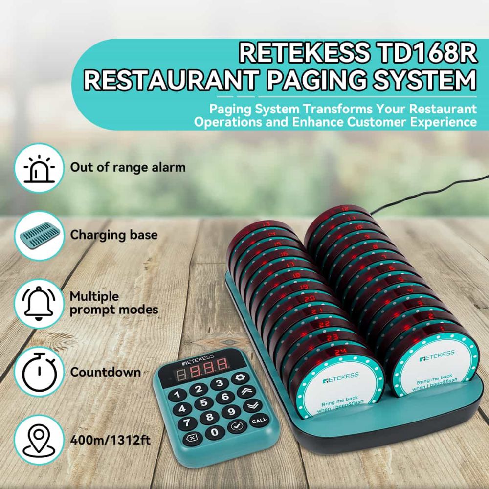 Retekess TD168R Restaurant Wireless Paging System Large-Capacity With 24 Coaster Pagers for Restaurants, Food Trucks, Bars