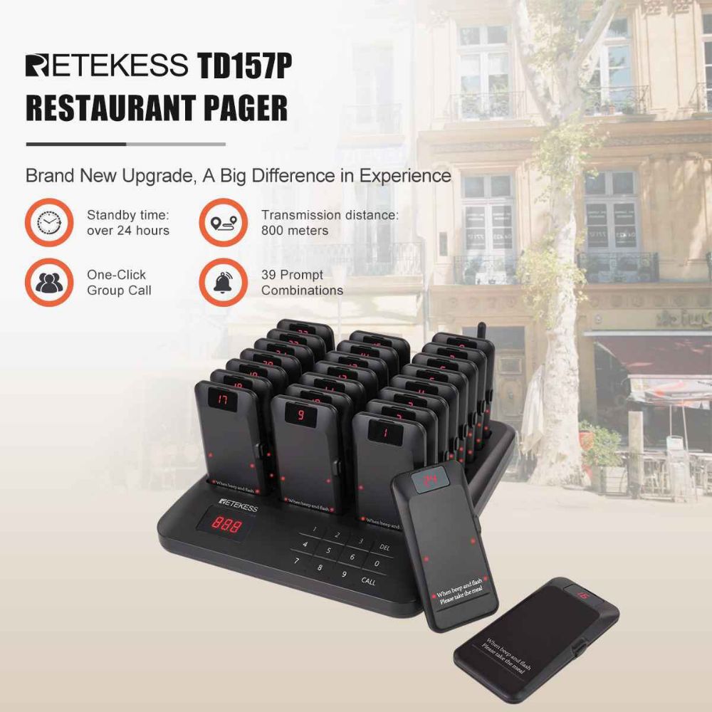 Retekess TD157P Restaurant Guest Pager System with 24 Out-of-Range Alert Food Pagers