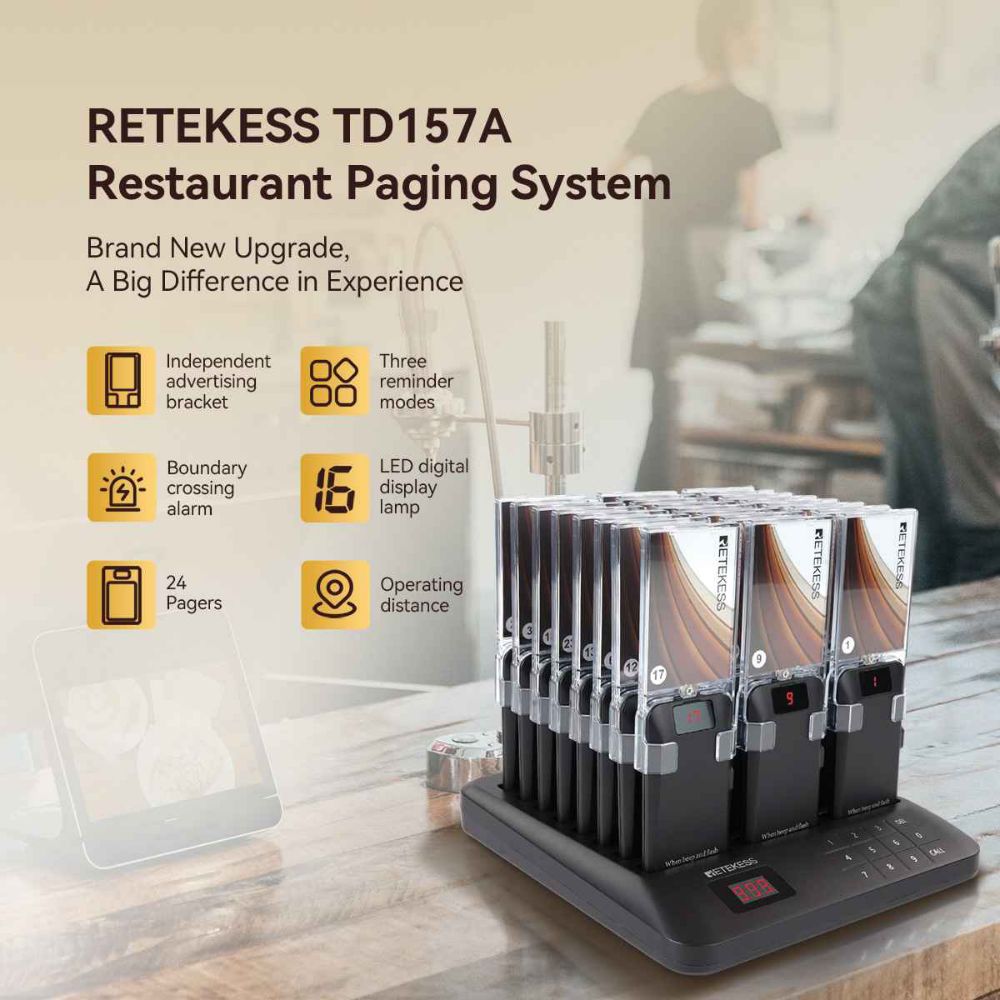 Retekess TD157A Restaurant Buzzer Pager System with 24 Replaceable Pager Advertising Sticker Holders