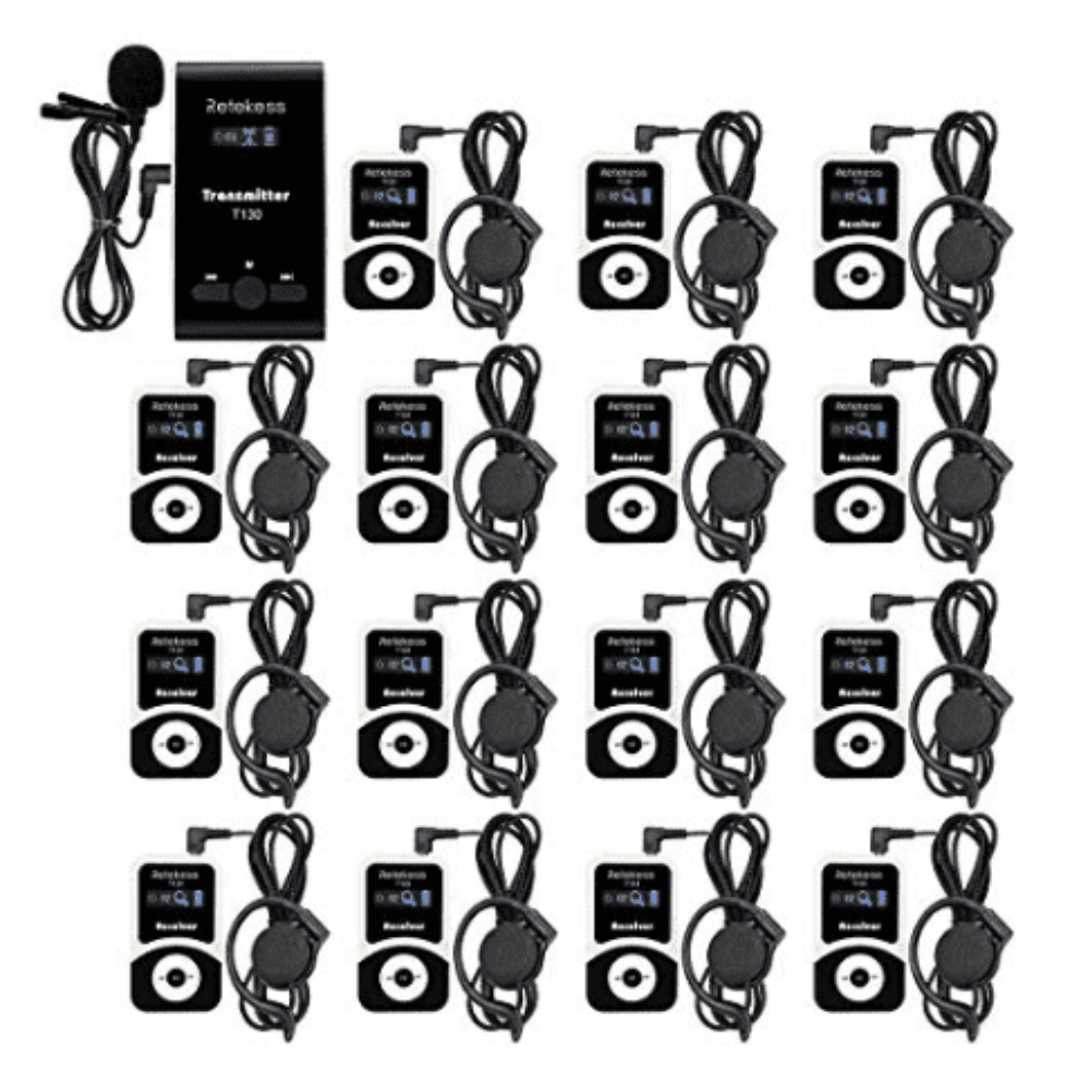 Retekess T130 99 Channel Wireless Tour Guide System Microphone Church Translation System for Training Church 1 Transmitter 5 Receivers 1 Charger Base