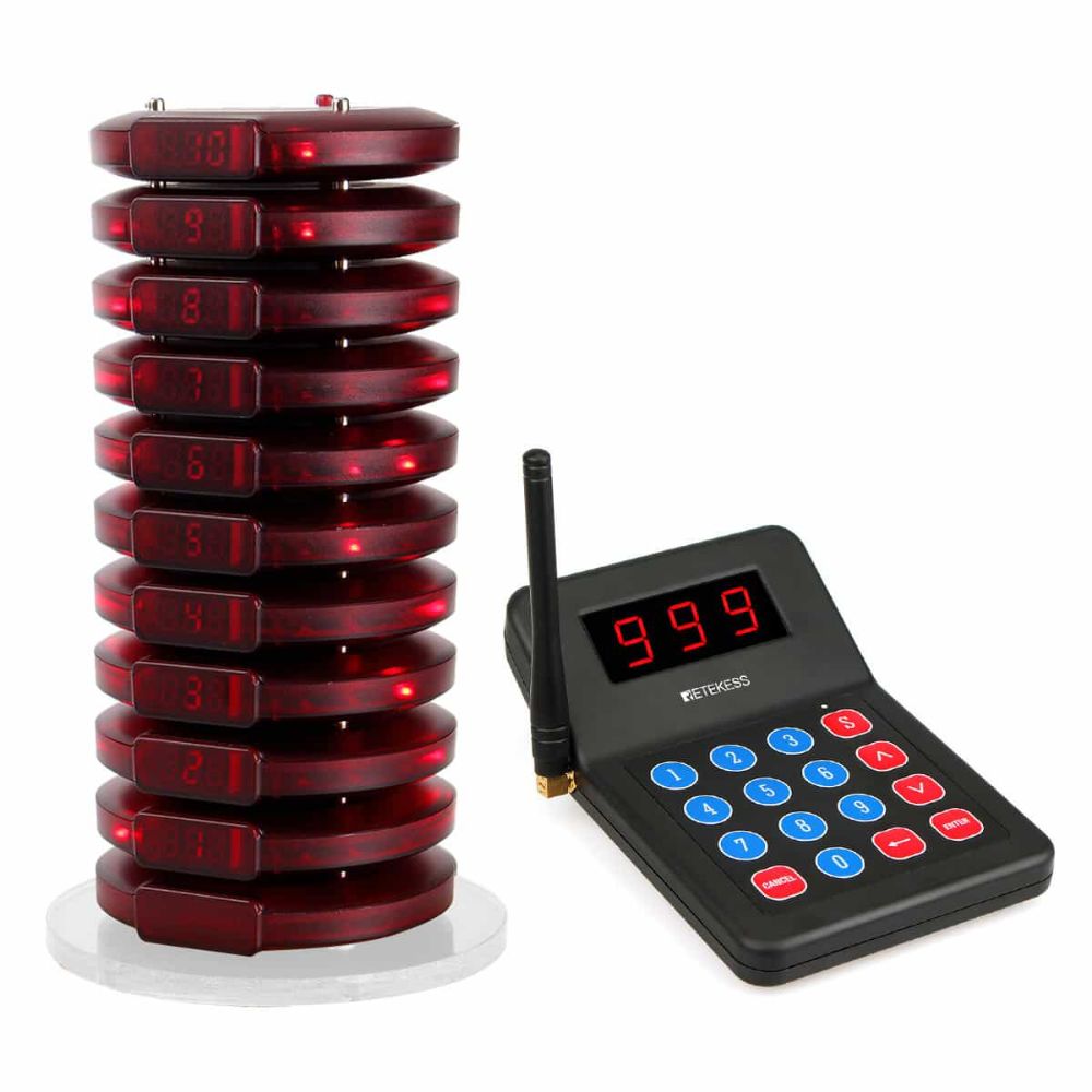 T119 Restaurantausrüstung Wireless Call Queuing Paging-System+10Coaster Pager DE 