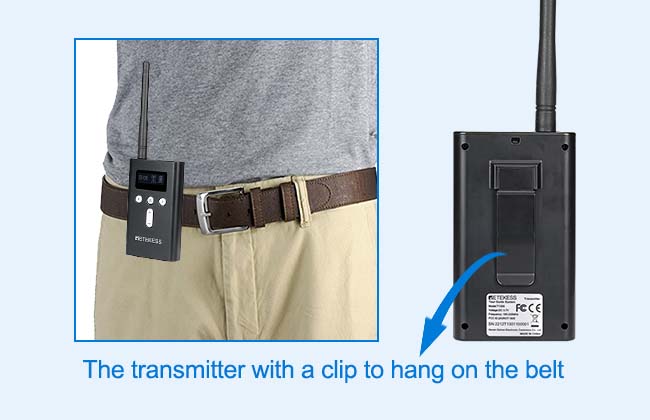 The transmitter with a clip to hang on the belt The transmitter with a clip to hang on the belt