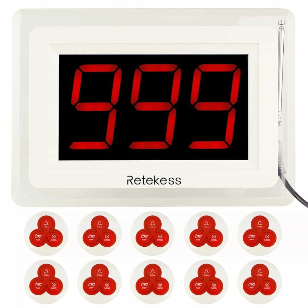 T114 Wireless Service Calling System 999 Channels, 6 Partition Modes, 3-Key Alert Call Button for Restaurant,Cafe,Bar