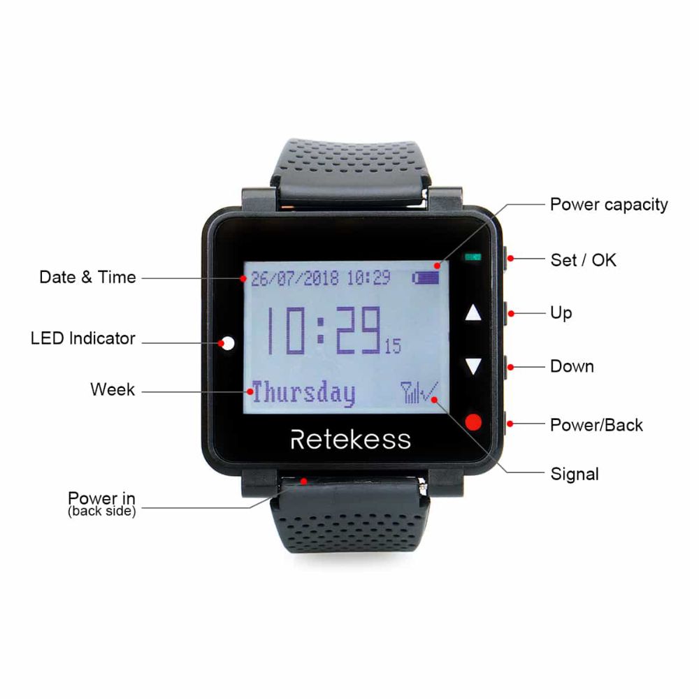Retekess T128 Wireless Calling System Wrist Receiver with T117 Wireless Call Button for Restaurant Healthcare Hospital