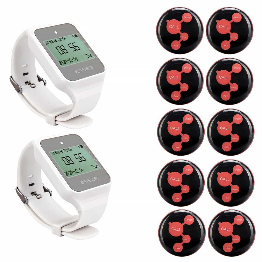 Retekess Waiter&Staff Calling System TD108 Watch Pager and TD010 Call Button Black for Bars, Restaurant Service