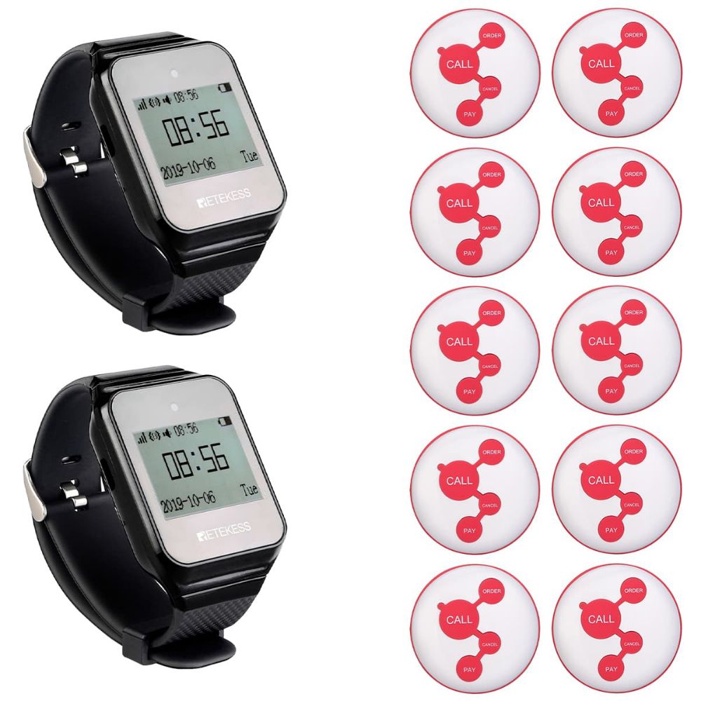 Retekess Wireless Waiter Calling System TD108 Watch Receiver and TD010 Service Call Button White for Restaurants