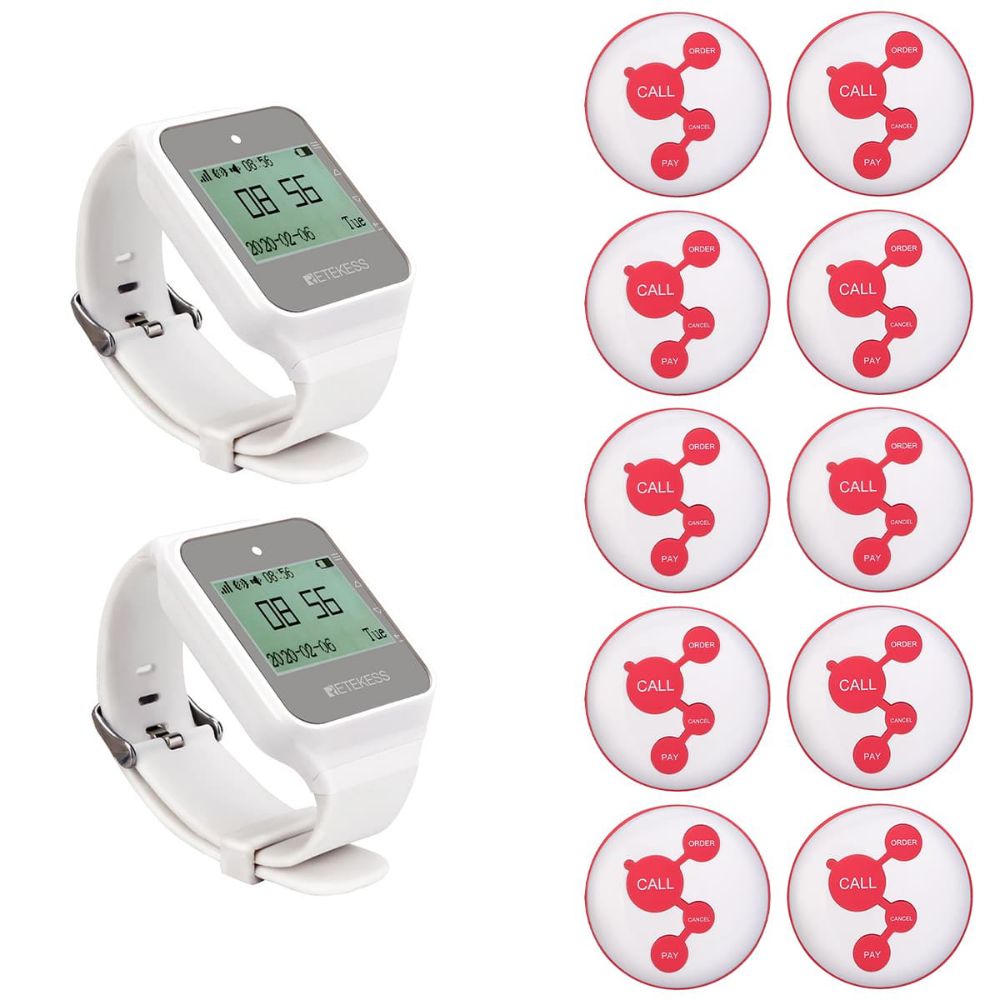 Retekess Wireless Waiter Calling System TD108 Watch Receiver and TD010 Service Call Button White for Restaurants