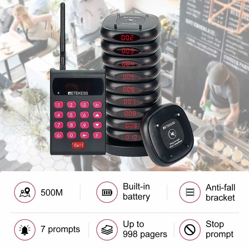 Retekess TD161 Restaurant Paging System Black Version Transmitter Keypad With Backup Battery, Anti-falling Bracket