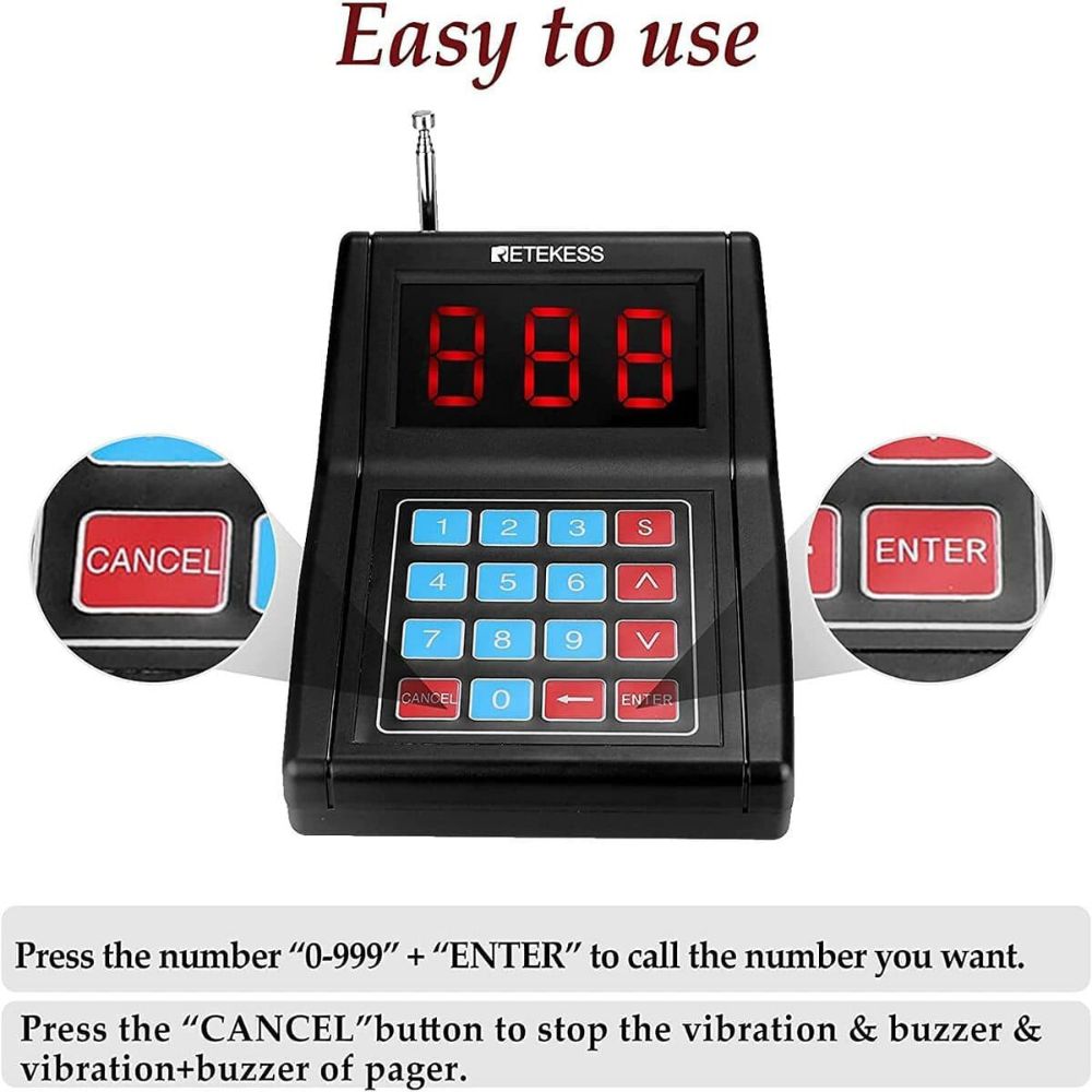 Retekess TD165(SU-668) Wireless Coaster Paging and Queuing System for Restaurants Add Up to 999 Pagers