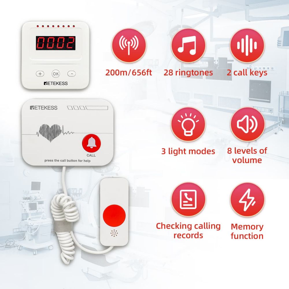 Retekess Wireless Nurse Call Systems TH106 Caregiver Pager and Handle Call Button TH006 SOS Alert System for Hospital, Clinic and Nursing Home