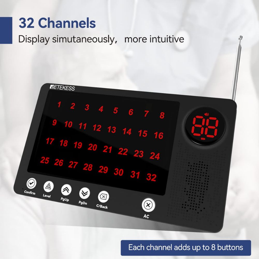 Retekess Caregiver Pager TH107 Host Receiver With TH009 IP67 Waterproof Single Key Call Button for Hospital, Clinic, Nurse Station, Nurse Station, Nursing Home